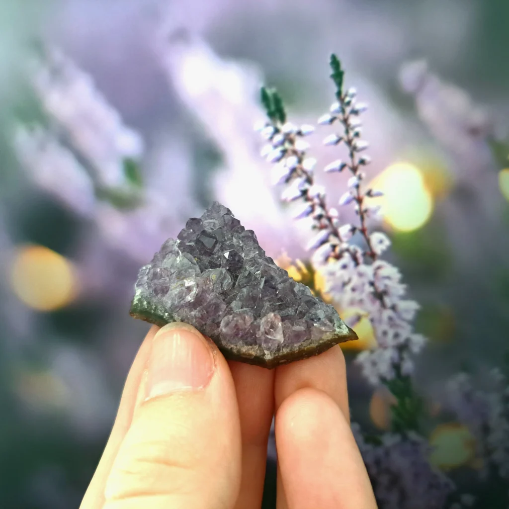 Cristal de ametist pe fundal cu lavanda