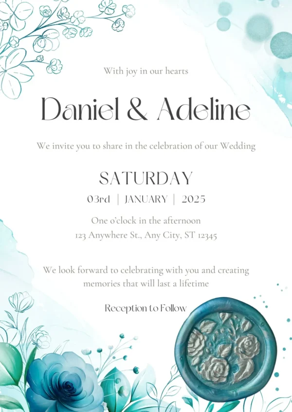 Invitatie de nunta in nuante de albastru cu sigiliu Sea Waves - mockup