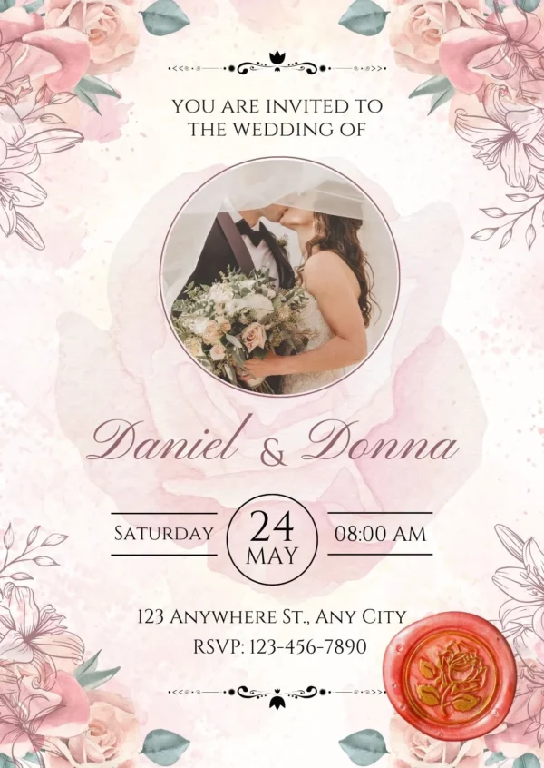 Invitatie de nunta cu sigiliul True Love si motive florale cu trandafiri - model