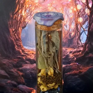 Vraja pentru intelepciune si intuitie cu lapis lazuli si plante atent alese, sigilate cu ceara mov-albastra