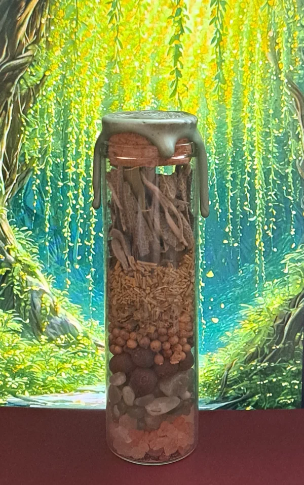 Vraja pentru sanatate si vitalitate cu aventurin verde si plante pentru refacere fizica si mentala, cu sigiliu cu maini vindecatoare reiki in nuante verzi